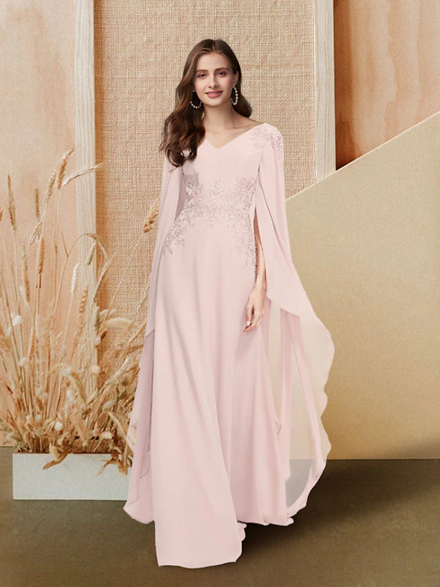 Luolandi A-Line Elegant Cute Prom Formal Evening Dress V Neck Long Sleeve Floor Length Chiffon